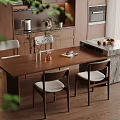 Modern Kitchen Interior With Wooden Island Dining Table Chairs Greenery And Wooden Floor