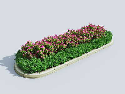Green Flowering Shrubs With Pink Blooms In Elongated Garden Bed Landscape Design 3d model