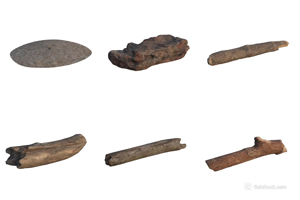 Ancient Archeological Tools Including Stone Discs And Wooden Sticks 3d model