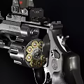 Black Tactical Revolver Handgun With Mounted Scope And Textured Grip