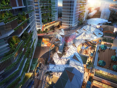 Modern Commercial Street With Greenery Glass Roof And Open Shopping Dining Spaces 3d model
