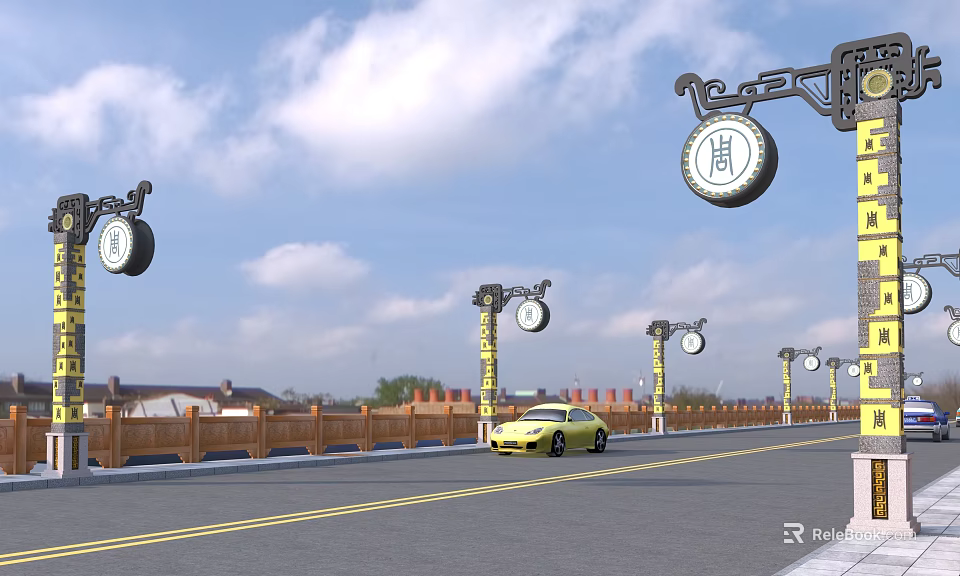 Traditional Decorative Outdoor Lights On Lamp Posts Along Road With Yellow Car In Daytime Scene 3d model 
