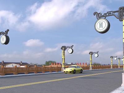 Traditional Decorative Outdoor Lights On Lamp Posts Along Road With Yellow Car In Daytime Scene 3d model