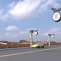 Traditional Decorative Outdoor Lights On Lamp Posts Along Road With Yellow Car In Daytime Scene