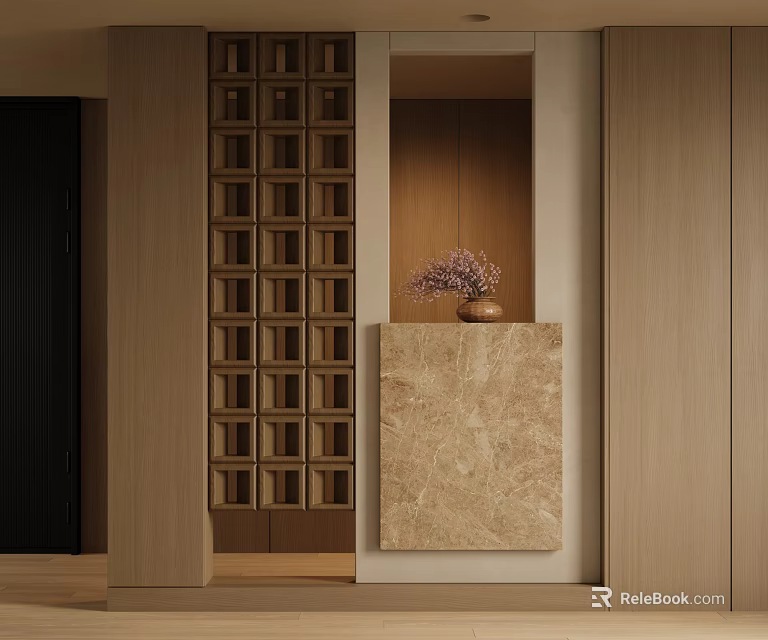 Modern Foyer Hallway Featuring Light Wood Cabinets Grid Partition And Marble Console With Flowers 3d model 