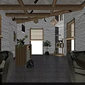 Warm Café Interior Design With Wooden Beams Staircase And Rattan Decor