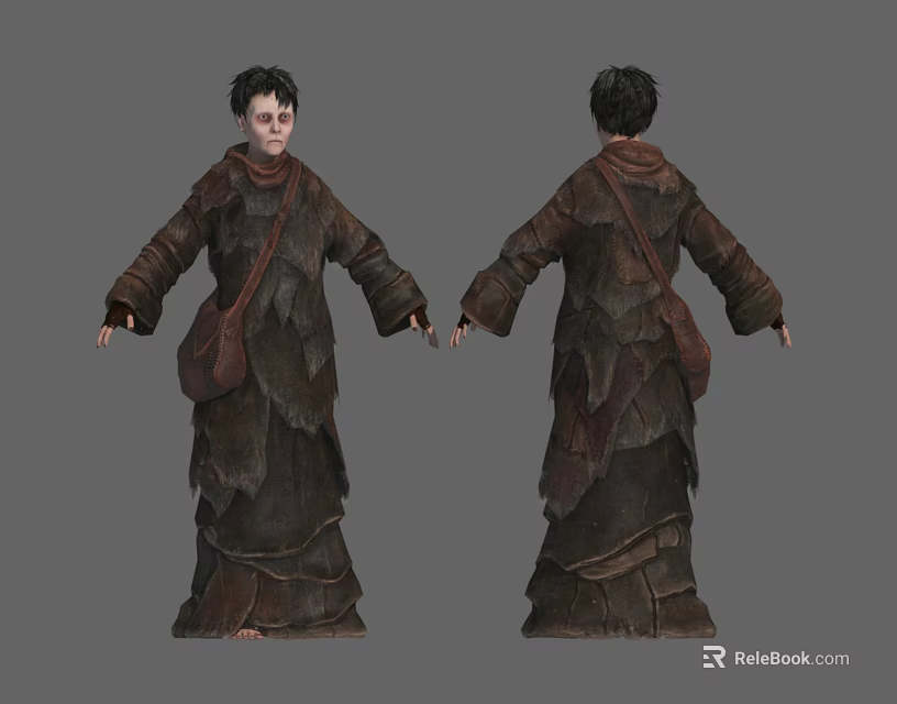 Worn Leather Robed Character With Creature Inspired Robe Front Back Views 3d model 