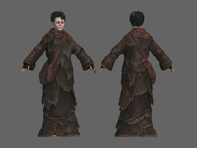 Worn Leather Robed Character With Creature Inspired Robe Front Back Views 3d model