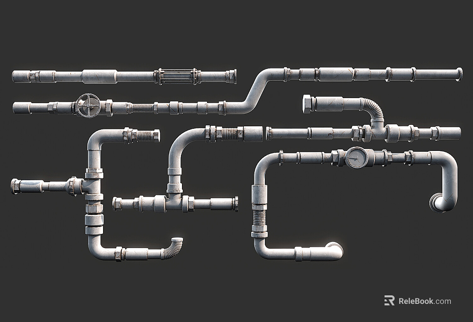 Industrial Metal Pipe Assemblies With Elbows Valves And Straight Fittings 3d model 