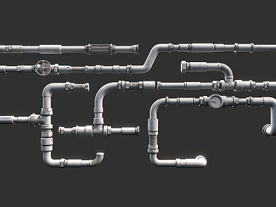 Industrial Metal Pipe Assemblies With Elbows Valves And Straight Fittings 3d model