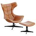 Brown Natural Leather Accent Chair With Wingback Design Black Metal Base And Ottoman