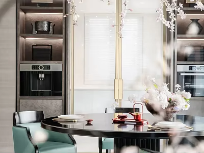 Elegant Modern Restaurant Interior Featuring Dining Table Chairs Cherry Blossom Vase Coffee Machine And Cabinets 3d model