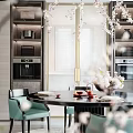 Elegant Modern Restaurant Interior Featuring Dining Table Chairs Cherry Blossom Vase Coffee Machine And Cabinets