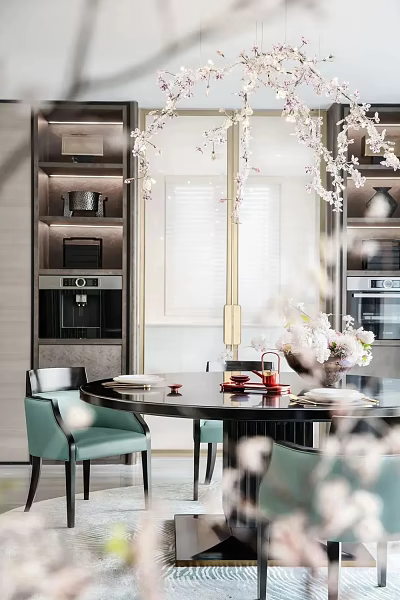 Elegant Modern Restaurant Interior Featuring Dining Table Chairs Cherry Blossom Vase Coffee Machine And Cabinets 3d model