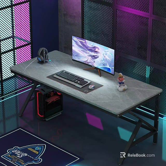 Gaming Desk Setup With Computer Monitor Keyboard Headset And RGB Lighting 3d model 