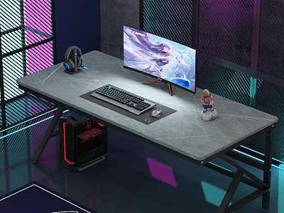 Gaming Desk Setup With Computer Monitor Keyboard Headset And RGB Lighting 3d model