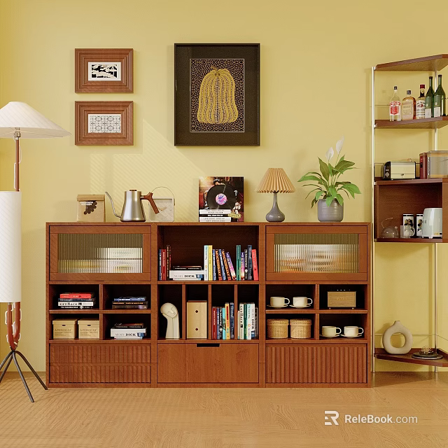 Wooden Bookcase Featuring Storage Compartments Books Decorative Items And Framed Art On Yellow Wall 3d model 