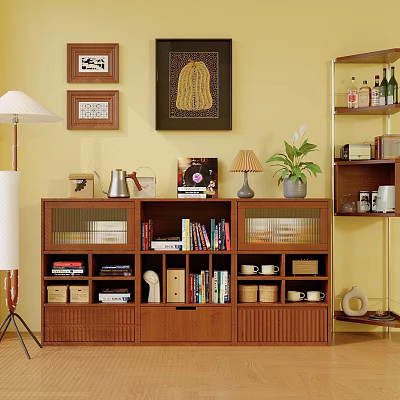 Wooden Bookcase Featuring Storage Compartments Books Decorative Items And Framed Art On Yellow Wall 3d model