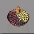 Ceramic Bowl Filled With Fresh Purple Grapes Green Grapes And Peaches On Smooth Surface