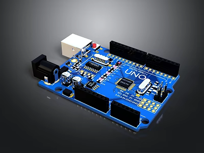 UNO Development Board Blue Circuit With Microcontroller Digital Analog Interfaces And Components 3d model