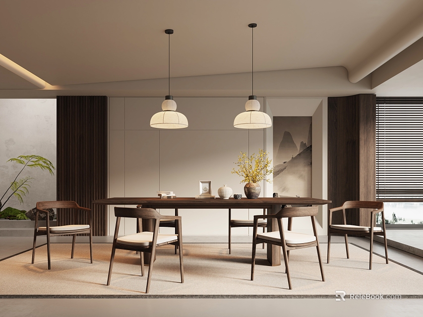 Modern Restaurant Dining Area Interior With Wooden Table Chairs And Pendant Lights 3d model 