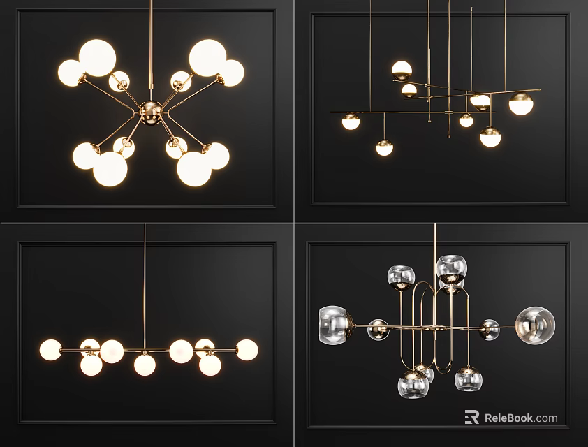 Various Modern Chandeliers Featuring Sphere Bulbs and Metal Frame Decorative Designs 3d model 