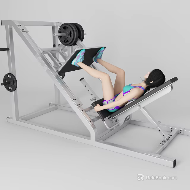 Woman Performing Leg Press Exercise On Machine In Purple And Blue Sports Outfit 3d model 