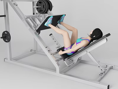 Woman Performing Leg Press Exercise On Machine In Purple And Blue Sports Outfit 3d model