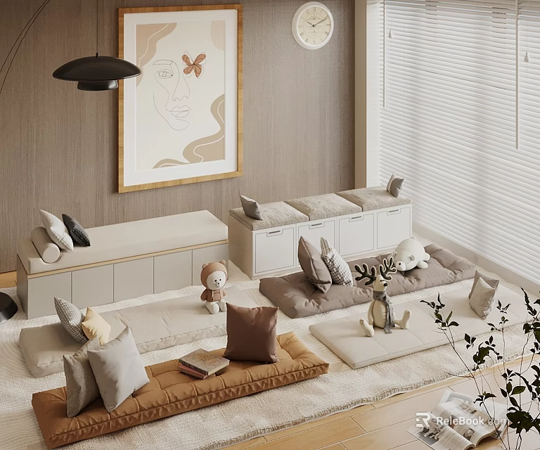 Cozy Living Room Interior With Cushions Storage Boxes Decorative Painting Pendant Light Clock and Blinds 3d model 