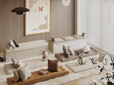 Cozy Living Room Interior With Cushions Storage Boxes Decorative Painting Pendant Light Clock and Blinds 3d model