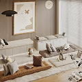 Cozy Living Room Interior With Cushions Storage Boxes Decorative Painting Pendant Light Clock and Blinds