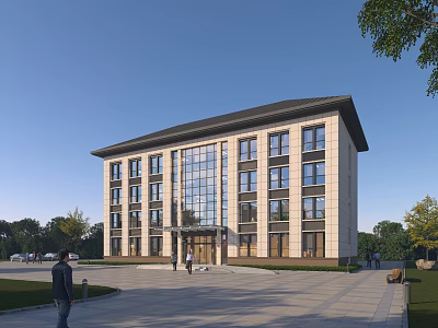Modern Office Building With Light Colored Exterior Large Glass Windows And Surrounding Greenery 3d model