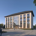 Modern Office Building With Light Colored Exterior Large Glass Windows And Surrounding Greenery