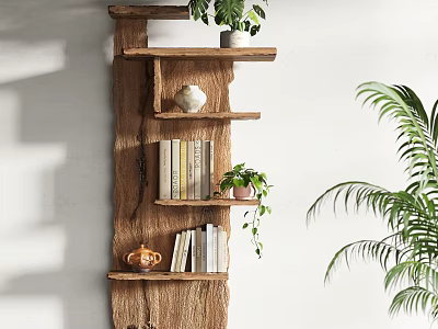 Modern Wall Mounted Wooden Shelf With Multi Tier Design Holding Books And Decorative Plants 3d model