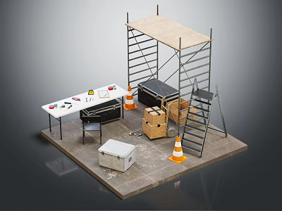 Practical Functional Workbench with Tools Toolboxes Traffic Cones and Scaffolding in Workshop Area 3d model