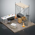 Practical Functional Workbench with Tools Toolboxes Traffic Cones and Scaffolding in Workshop Area 3d model