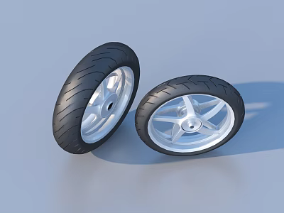 Two Black Motorcycle Tires with Silver Spoke Wheels and Tread Pattern on Gray Surface 3d model