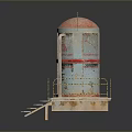 Household Blue Water Storage Tanks With Red Warning Signs And Metal Platform Stairs