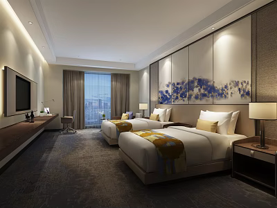 Hotel Guest Room With Twin Beds Flat screen TV City View And Decorative Wall Art 3d model