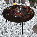 Outdoor Round Wooden Table on Poolside Deck with Food Fruits Lantern and Woven Cushions