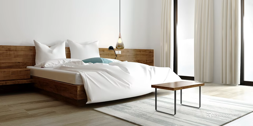 Modern Double Bed With Wooden Headboard White Linens Side Table Hanging Lamp And White Curtains 3d model 
