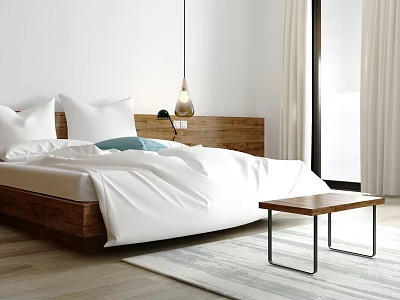 Modern Double Bed With Wooden Headboard White Linens Side Table Hanging Lamp And White Curtains 3d model
