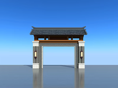 Traditional Chinese Entrance Gate With Black Tiled Roof Pillars And Blue Sky Background 3d model