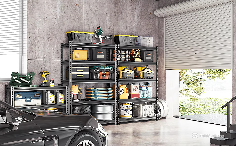 Organized Garage With Metal Shelves Tools Storage Bins Tires And Black Sports Car 3d model 