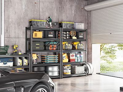 Organized Garage With Metal Shelves Tools Storage Bins Tires And Black Sports Car 3d model