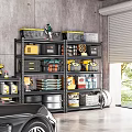 Organized Garage With Metal Shelves Tools Storage Bins Tires And Black Sports Car