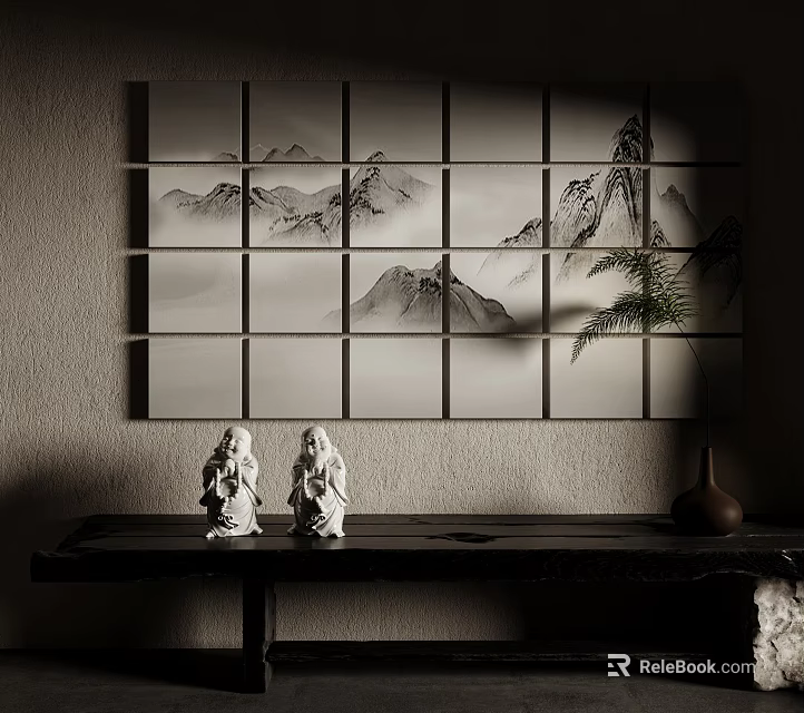 Traditional Zen Interior Featuring Landscape Painting Screen Two White Statues Brown Vase And Green Plant 3d model 