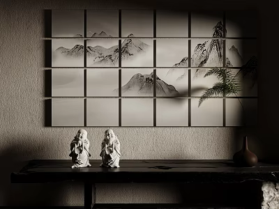 Traditional Zen Interior Featuring Landscape Painting Screen Two White Statues Brown Vase And Green Plant 3d model