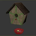 Natural Wooden Birdhouse With Round Entrance And Bird Nest Containing Eggs