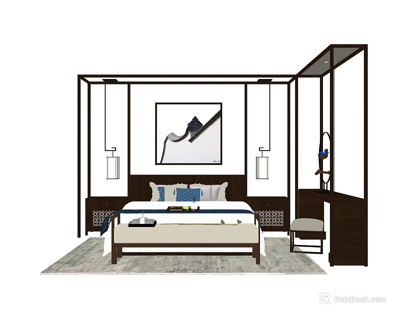 Modern Bedroom Interior Design With Background Double Bed Nightstands And Wall Art 3d model